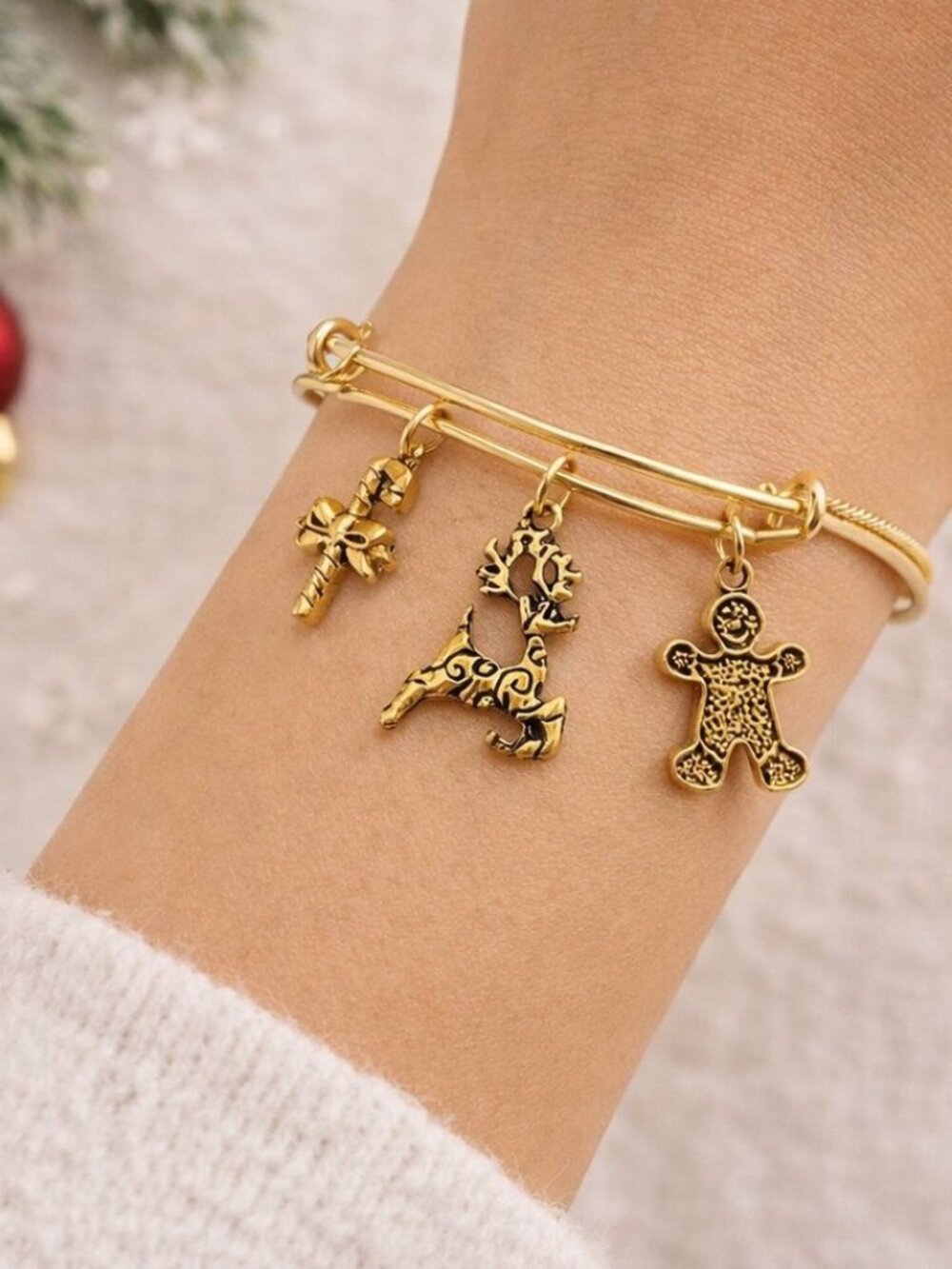 Gold Christmas Charm Bangle Bracelet Reindeer Gingerbread Candy Cane